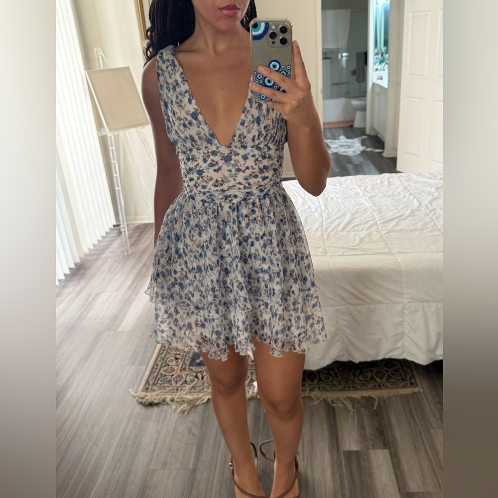 MAJORELLE Cream and Blue Floral Dress